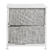 2 Drawer Wood Top White Nightstand Storage Organizer with Cast Iron Frame and Light Gray Easy Pull Fabric Drawers, WX-5L200-WH-GR-GG