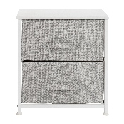 2 Drawer Wood Top White Nightstand Storage Organizer with Cast Iron Frame and Light Gray Easy Pull Fabric Drawers, WX-5L200-WH-GR-GG