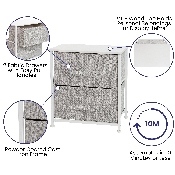 2 Drawer Wood Top White Nightstand Storage Organizer with Cast Iron Frame and Light Gray Easy Pull Fabric Drawers, WX-5L200-WH-GR-GG