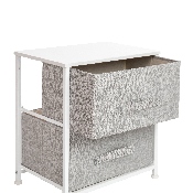 2 Drawer Wood Top White Nightstand Storage Organizer with Cast Iron Frame and Light Gray Easy Pull Fabric Drawers, WX-5L200-WH-GR-GG