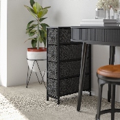4 Drawer Slim Wood Top Black Cast Iron Frame Vertical Storage Dresser with Dark Gray Easy Pull Fabric Drawers, WX-5L203-BK-GR-GG