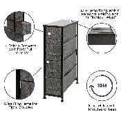 4 Drawer Slim Wood Top Black Cast Iron Frame Vertical Storage Dresser with Dark Gray Easy Pull Fabric Drawers, WX-5L203-BK-GR-GG