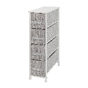 4 Drawer Slim Wood Top White Cast Iron Frame Vertical Storage Dresser with Light Gray Easy Pull Fabric Drawers, WX-5L203-WH-GR-GG