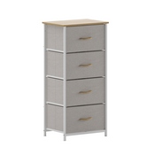 Harris 4 Drawer Vertical Storage Dresser with White Cast Iron Frame, Oak Wood Top and Beige Easy Pull Fabric Drawers with Natural Wooden Handles, WX-5L203L-W-WH-BG-GG