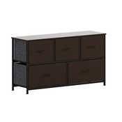 Harris 5 Drawer Storage Dresser with Black Cast Iron Frame, Brown Wood Top and Brown Easy Pull Engineered Wood Drawers with Wooden Handles, WX-5L206-MDF-BK-BR-GG
