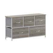 Harris 5 Drawer Storage Dresser with White Cast Iron Frame, Light Natural Wood Top and Easy Pull Engineered Wood Drawers, and White Wooden Handles, WX-5L206-MDF-WHT-LNT-GG