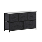 Harris 5 Drawer Vertical Storage Dresser with Black Cast Iron Frame and Wood Top and Black Easy Pull Fabric Drawers with Wooden Handles, WX-5L206-W-BK-BK-GG