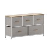 Harris 5 Drawer Vertical Storage Dresser with White Cast Iron Frame, Oak Wood Top and Beige Easy Pull Fabric Drawers with Natural Wooden Handles, WX-5L206-W-WH-BG-GG