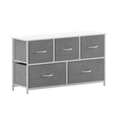Harris 5 Drawer Vertical Storage Dresser with White Cast Iron Frame, White Wood Top and Gray Easy Pull Fabric Drawers with White Wooden Handles, WX-5L206-W-WH-GR-GG