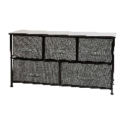 5 Drawer Wood Top Black Cast Iron Frame Vertical Storage Dresser with Dark Gray Easy Pull Fabric Drawers, WX-5L206-X-BK-GR-GG
