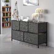 5 Drawer Wood Top Black Cast Iron Frame Vertical Storage Dresser with Dark Gray Easy Pull Fabric Drawers, WX-5L206-X-BK-GR-GG