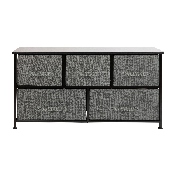 5 Drawer Wood Top Black Cast Iron Frame Vertical Storage Dresser with Dark Gray Easy Pull Fabric Drawers, WX-5L206-X-BK-GR-GG