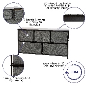 5 Drawer Wood Top Black Cast Iron Frame Vertical Storage Dresser with Dark Gray Easy Pull Fabric Drawers, WX-5L206-X-BK-GR-GG