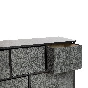5 Drawer Wood Top Black Cast Iron Frame Vertical Storage Dresser with Dark Gray Easy Pull Fabric Drawers, WX-5L206-X-BK-GR-GG