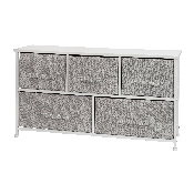 5 Drawer Wood Top White Cast Iron Frame Vertical Storage Dresser with Light Gray Easy Pull Fabric Drawers, WX-5L206-X-WH-GR-GG