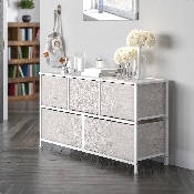 5 Drawer Wood Top White Cast Iron Frame Vertical Storage Dresser with Light Gray Easy Pull Fabric Drawers, WX-5L206-X-WH-GR-GG