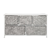 5 Drawer Wood Top White Cast Iron Frame Vertical Storage Dresser with Light Gray Easy Pull Fabric Drawers, WX-5L206-X-WH-GR-GG