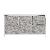 5 Drawer Wood Top White Cast Iron Frame Vertical Storage Dresser with Light Gray Easy Pull Fabric Drawers, WX-5L206-X-WH-GR-GG