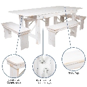 HERCULES Series 7' x 40" Antique Rustic White Folding Farm Table and Four Bench Set, XA-FARM-1-WH-GG