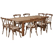 HERCULES Series 7' x 40'' Antique Rustic Folding Farm Table Set with 8 Cross Back Chairs and Cushions, XA-FARM-10-GG