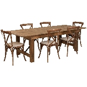 HERCULES Series 8' x 40'' Antique Rustic Folding Farm Table Set with 6 Cross Back Chairs and Cushions, XA-FARM-11-GG