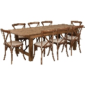 HERCULES Series 8' x 40'' Antique Rustic Folding Farm Table Set with 8 Cross Back Chairs and Cushions, XA-FARM-12-GG