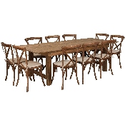 HERCULES Series 8' x 40'' Antique Rustic Folding Farm Table Set with 10 Cross Back Chairs and Cushions, XA-FARM-13-GG