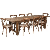 HERCULES Series 9' x 40'' Antique Rustic Folding Farm Table Set with 8 Cross Back Chairs and Cushions, XA-FARM-14-GG
