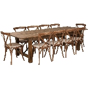 HERCULES Series 9' x 40'' Antique Rustic Folding Farm Table Set with 10 Cross Back Chairs and Cushions, XA-FARM-15-GG