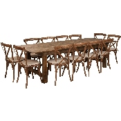 HERCULES Series 9' x 40'' Antique Rustic Folding Farm Table Set with 12 Cross Back Chairs and Cushions, XA-FARM-16-GG