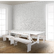 HERCULES Series 8' x 40" Antique Rustic White Folding Farm Table and Four 40.25"L Bench Set, XA-FARM-2-WH-GG