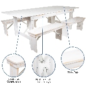 HERCULES Series 8' x 40" Antique Rustic White Folding Farm Table and Four 40.25"L Bench Set, XA-FARM-2-WH-GG