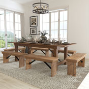 HERCULES Series 8' x 40'' Antique Rustic Folding Farm Table and Six Bench Set, XA-FARM-3-GG