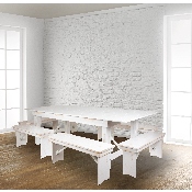 HERCULES Series 8' x 40" Antique Rustic White Folding Farm Table and Six Bench Set, XA-FARM-3-WH-GG