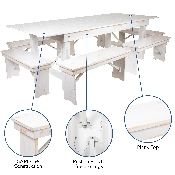 HERCULES Series 8' x 40" Antique Rustic White Folding Farm Table and Six Bench Set, XA-FARM-3-WH-GG