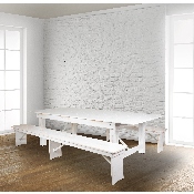 HERCULES Series 8' x 40" Antique Rustic White Folding Farm Table and Two Bench Set, XA-FARM-4-WH-GG