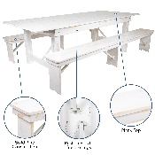 HERCULES Series 8' x 40" Antique Rustic White Folding Farm Table and Two Bench Set, XA-FARM-4-WH-GG