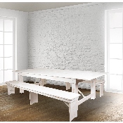 HERCULES Series 9' x 40" Antique Rustic White Folding Farm Table and Two Bench Set, XA-FARM-6-WH-GG