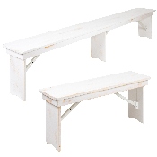 HERCULES Series 9' x 40" Antique Rustic White Folding Farm Table and Four Bench Set, XA-FARM-7-WH-GG