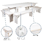 HERCULES Series 9' x 40" Antique Rustic White Folding Farm Table and Four Bench Set, XA-FARM-7-WH-GG