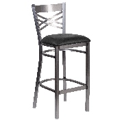 HERCULES Series Clear Coated ''X'' Back Metal Restaurant Barstool - Black Vinyl Seat, XU-6F8B-CLR-BAR-BLKV-GG
