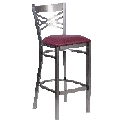HERCULES Series Clear Coated ''X'' Back Metal Restaurant Barstool - Burgundy Vinyl Seat, XU-6F8B-CLR-BAR-BURV-GG
