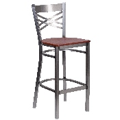 HERCULES Series Clear Coated ''X'' Back Metal Restaurant Barstool - Cherry Wood Seat, XU-6F8B-CLR-BAR-CHYW-GG