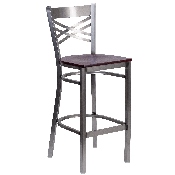 HERCULES Series Clear Coated ''X'' Back Metal Restaurant Barstool - Mahogany Wood Seat, XU-6F8B-CLR-BAR-MAHW-GG
