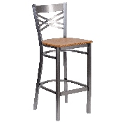 HERCULES Series Clear Coated ''X'' Back Metal Restaurant Barstool - Natural Wood Seat, XU-6F8B-CLR-BAR-NATW-GG