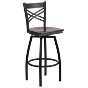 HERCULES Series Black ''X'' Back Swivel Metal Barstool - Walnut Wood Seat, XU-6F8B-XSWVL-WALW-GG