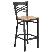 HERCULES Series Black ''X'' Back Metal Restaurant Barstool - Natural Wood Seat, XU-6F8BXBK-BAR-NATW-GG