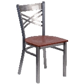 HERCULES Series Clear Coated ''X'' Back Metal Restaurant Chair - Cherry Wood Seat, XU-6FOB-CLR-CHYW-GG