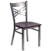 HERCULES Series Clear Coated ''X'' Back Metal Restaurant Chair - Mahogany Wood Seat, XU-6FOB-CLR-MAHW-GG