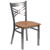 HERCULES Series Clear Coated ''X'' Back Metal Restaurant Chair - Natural Wood Seat, XU-6FOB-CLR-NATW-GG